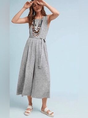 Anthropologie Meadow Rue Alchemist Metallic Silver Stretch Jumpsuit, size M